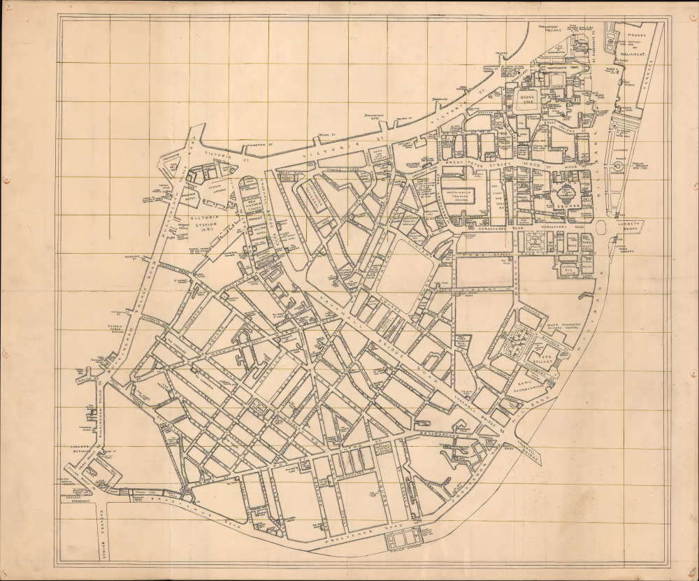 1939 World War II Era Manuscript Map of Nightlife Sites in Pimlico, London