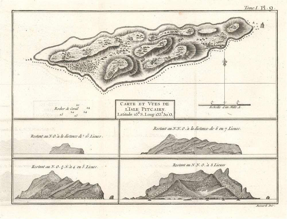 Carte et Vues de l'Isle Pitcairn. - Main View