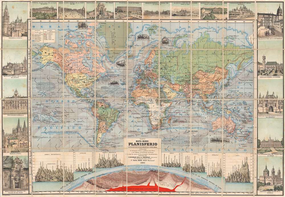 Nuevo Mapa-Mundi Planisferio Ilustrado con Más Notables Monumentos de España y Portugal, Senalando las divisiones fisicas y politicas de la Tierra y las Colonias de los Estados de Europa, a si como las épocas de los principales descubrimientos. - Main View