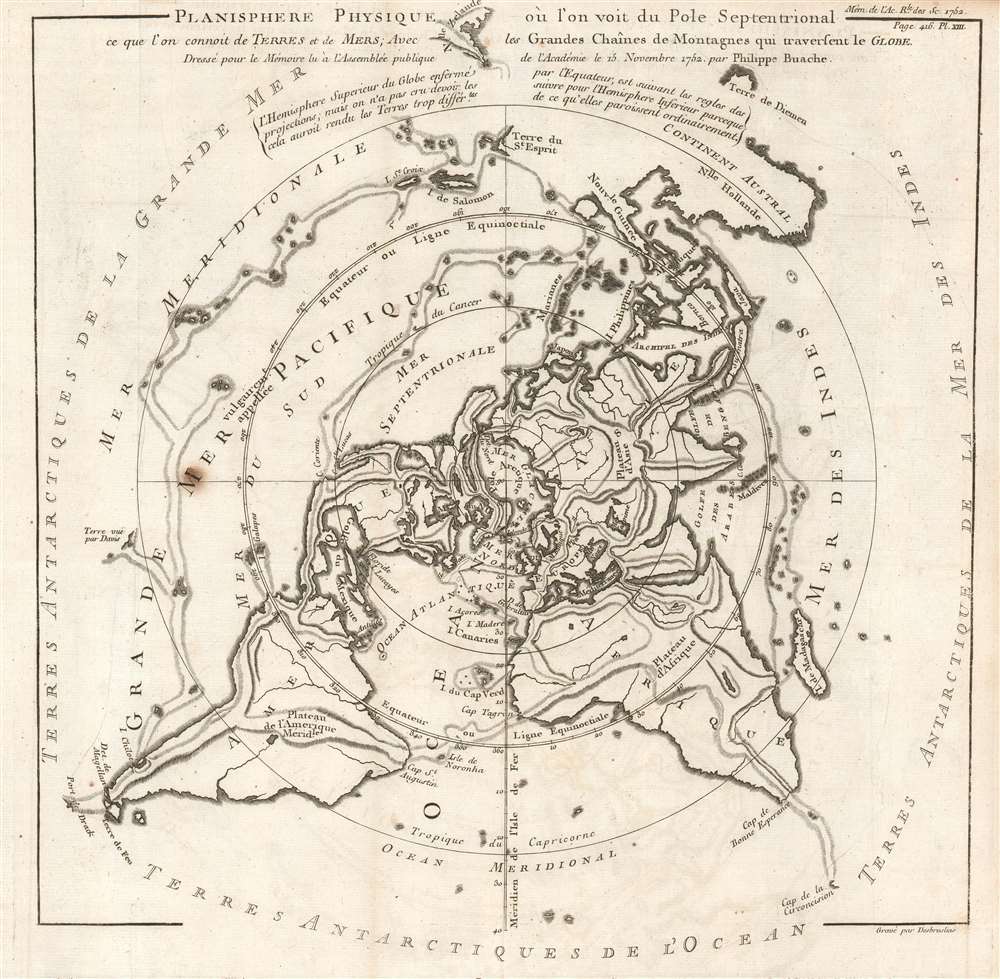 Planisphere Physique où l'on voit du Pole Septentrional ce que l'on connoit de Terres et de Mers; Avec les Grandes Chaînes de Montagnes qui traversent le Globe. - Main View