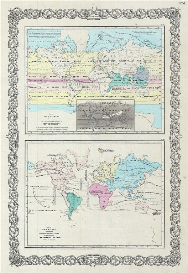 Map of The World Illustrating The Principal Features Of Meteorology.  Map of The World Showing the Distribution And Limits of Cultivation of The Principal Plants Useful to Mankind. - Main View
