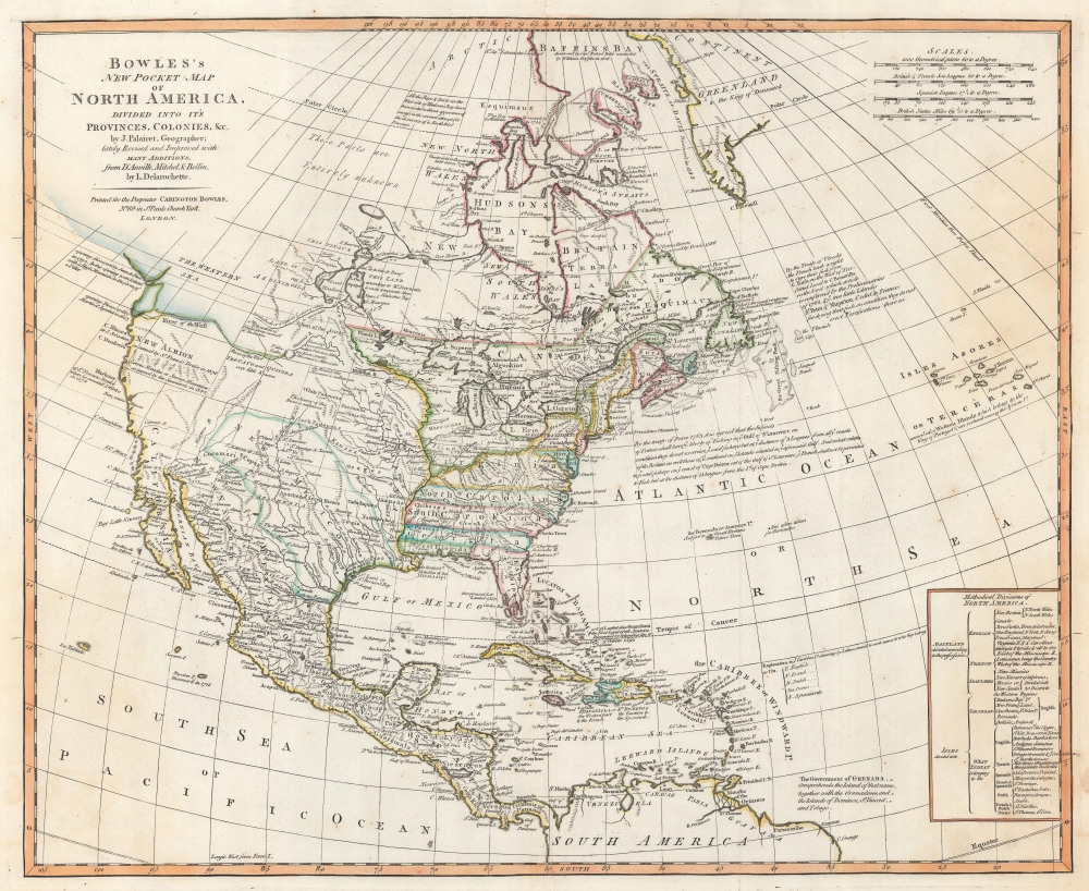 Bowles's New Pocket-Map of North America, Divided into it's Provinces, Colonies, etc,. by J. Palairet, Geographer; lately Revised and Improved with Many Additions from D'Anville, Mitchell, and Bellin, by L. Delarochette. - Main View