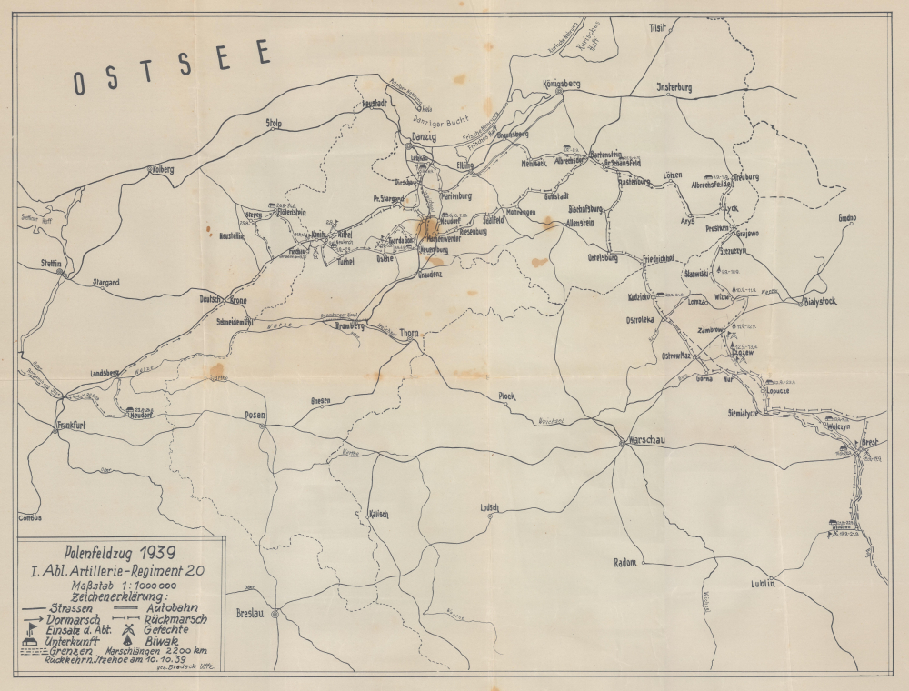 1939 German WWII Map of the Poland Campaign of the 1st Battalion, 20th Artillery Reg.