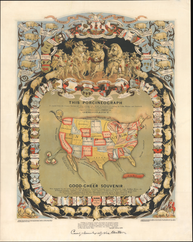 1876 Baker Pictorial 'Porcineograph' Map of the United States (as Pig)