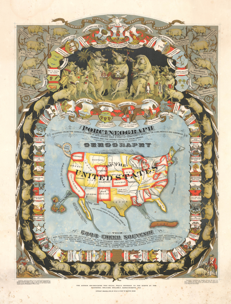 1876 Baker Pictorial 'Porcineograph' Map of the United States (as Pig)