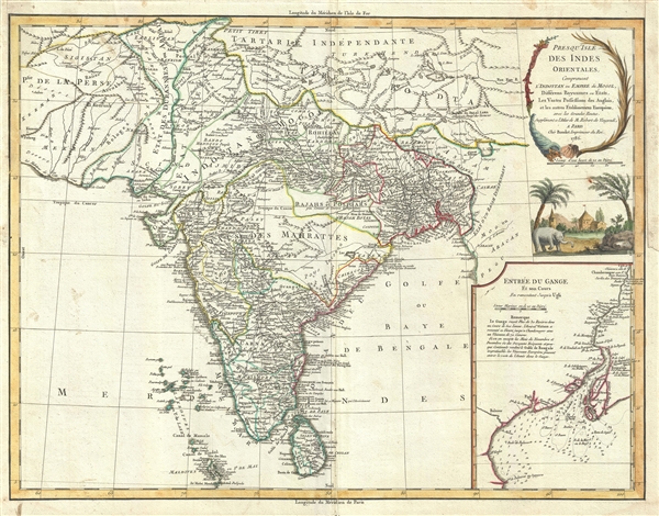 Presqu'Isle des Indes Orientales, Comprenant l'Indostan ou Empire du Mogol, Differens Royaumes ou Etats, Les Vastes Possessions des Anglais, et les autres Etablissemens EuropEens, avec les Grandes Routes. - Main View