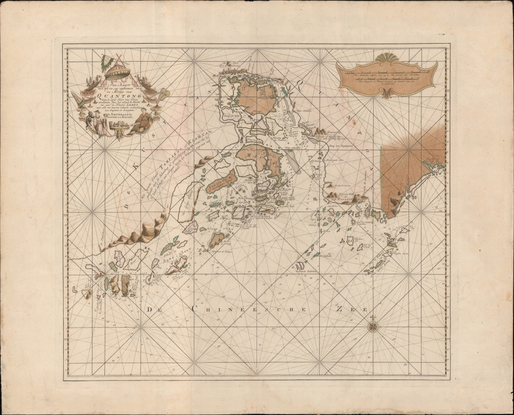 Pas-Kaart van het in en opkomen van de Rivier van Quantong aan de Zuid Kust van China strekkende van het eiland S. Joan, tot aan de Noorder Lemes, met alle tot hiertoe bekende ankerplaatzen, dieptens en droogtens. - Main View