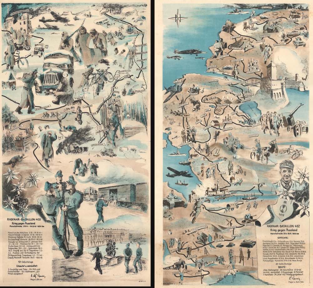 Radfahr-Bataillon 402 Krieg gegen Russland Marschstrecke 1.12.41 - 10.8.42 - 650 Km. / Radfahr - Bataillon 402 Krieg gegen Russland Marschstrecke 22.6 - 30.11. 1900 Km. - Main View