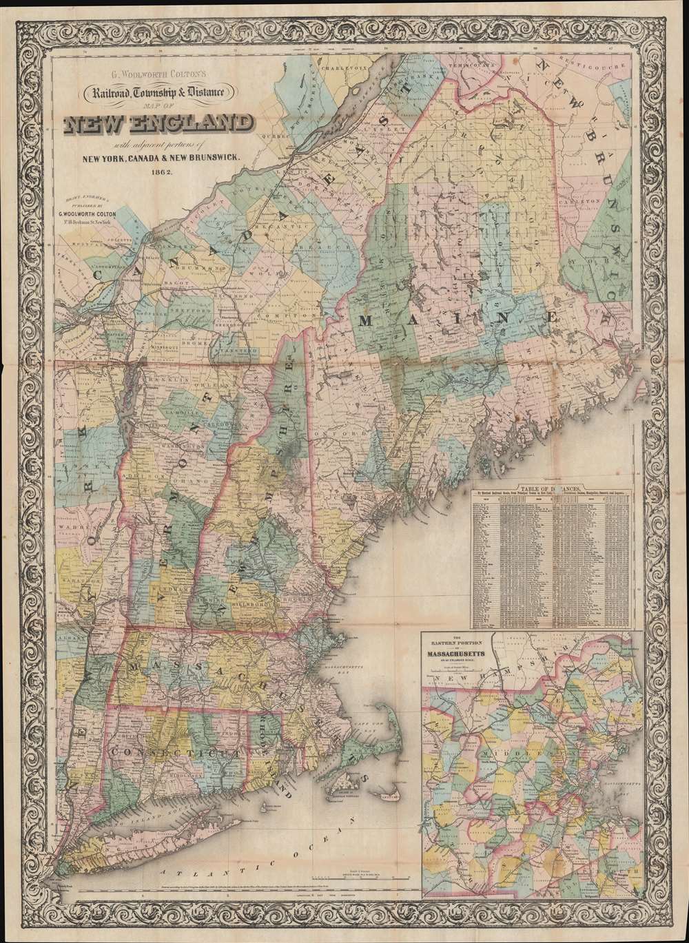 G. Woolworth Colton's Railroad, Township and Distance Map of New England with adjacent portions of New York, Canada and New Brunswick. - Main View