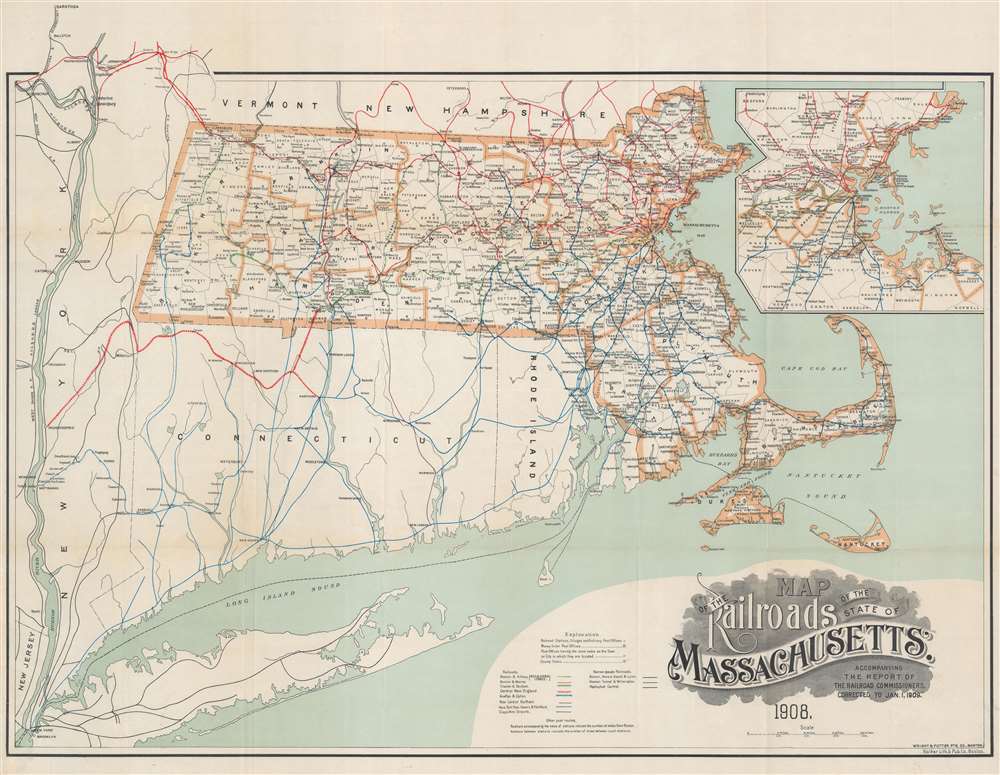 Map of the Railroads of the State of Massachusetts Accompanying the Report of the Railroad Commissioners Corrected to January 1, 1909. - Main View