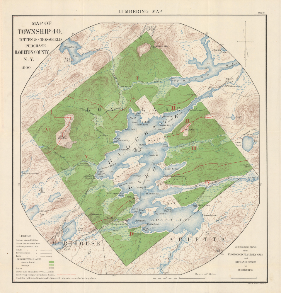 1900 Meekham Map of Raquette Lake, Hamilton County, New York