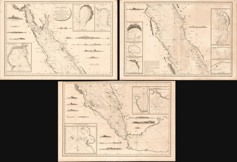 1799 Depot de la Marine Three Nautical Map or Chart Set of the Red Sea