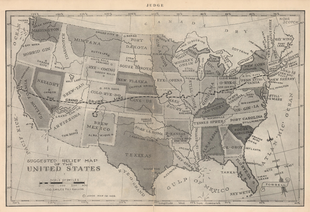 1926 Judge Satirical Map of the United States During Prohibition