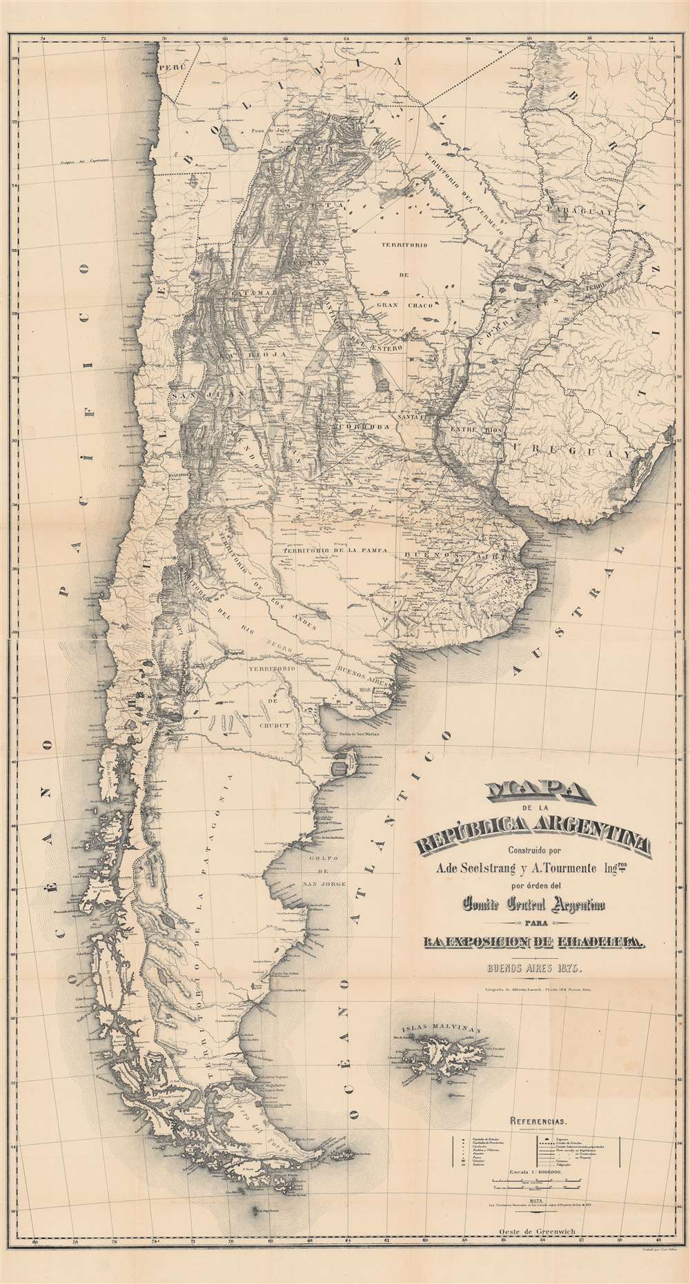 1876 Seelstrang / Tourmente Map of Argentina