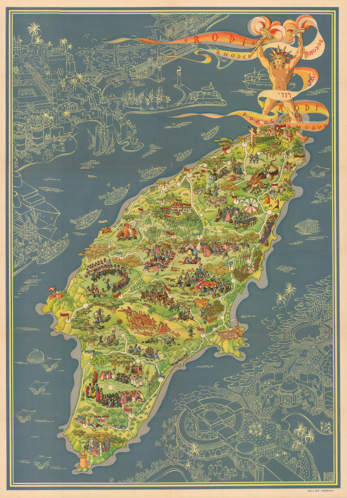 1935 Huber Arabic Pictorial Map of Rhodes, Greece