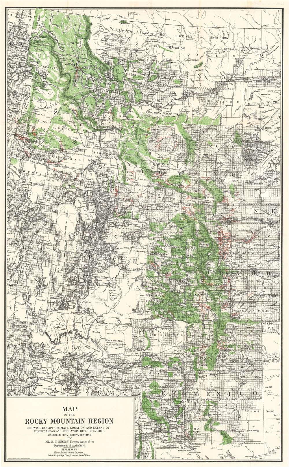 Map of the Rocky Mountain Region Showing the Approximate Location and Extent of Forest Areas and Irrigation Ditches in 1885. - Main View