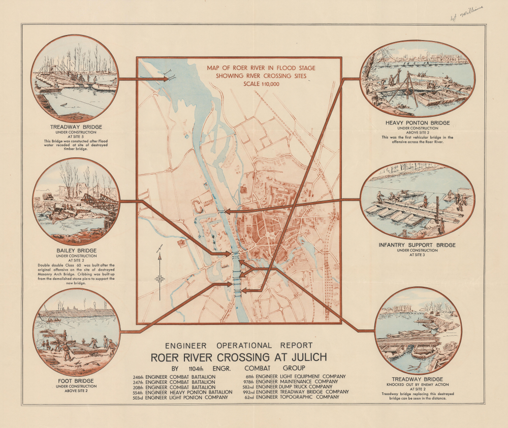 1945 WWII 1104th Engineer Combat Group Pictorial Map of the Roer River Crossing at Julich