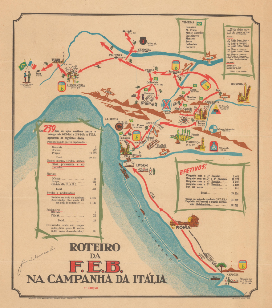 1945 Alberto Lima Pictorial WWII Route Map of the Brazilian Expeditionary Force in Italy