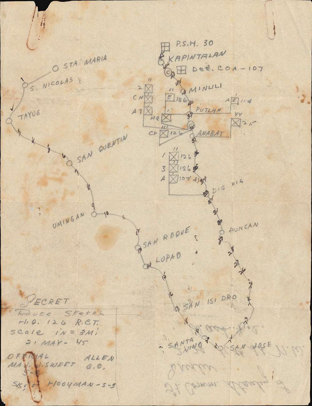 1945 Sweet SECRET WWII Manuscript Map Villa Verde Trail, Luzon, Philippines