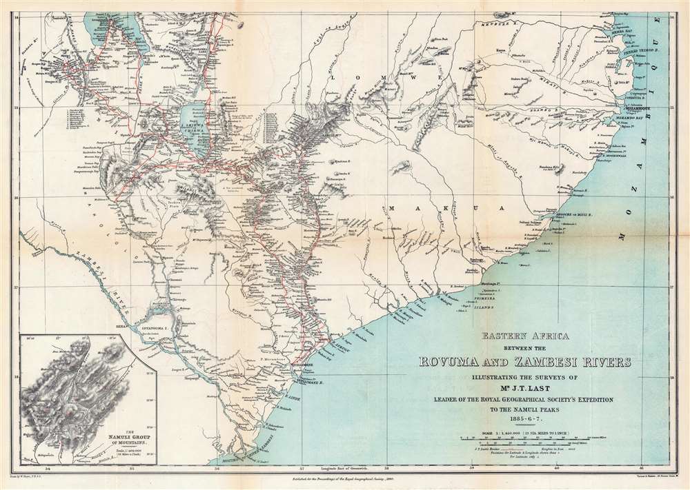 Eastern Africa Between the Rovuma and Zambesi Rivers Illustrating the Surveys of Mr. J.T. Last Leader of the Royal Geographical Society's Expedition to the Namuli Peaks 1885 - 6 - 7. - Alternate View 3