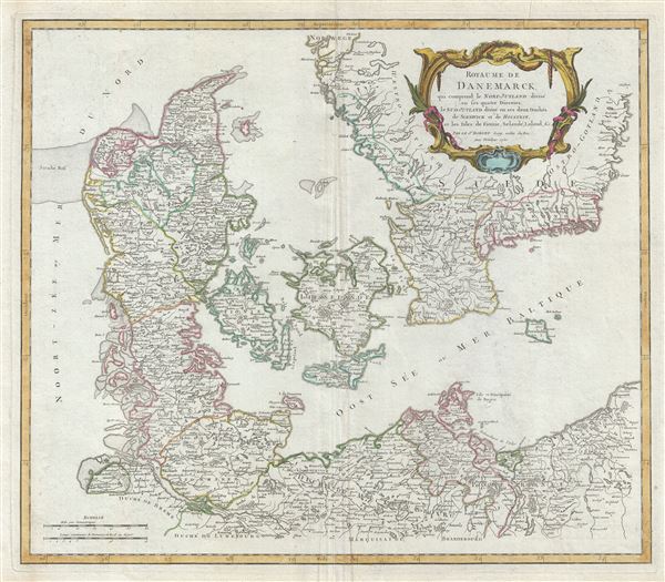 Royaume de Danemarck, qui comprend le Nort-Jutland divise en ses quatre Dioceses, le Sud-Jutland divise en ses deux Duches, de Sleswick et de Holstein, et les Isles de Fionie, Selande, Laland, etc. - Main View