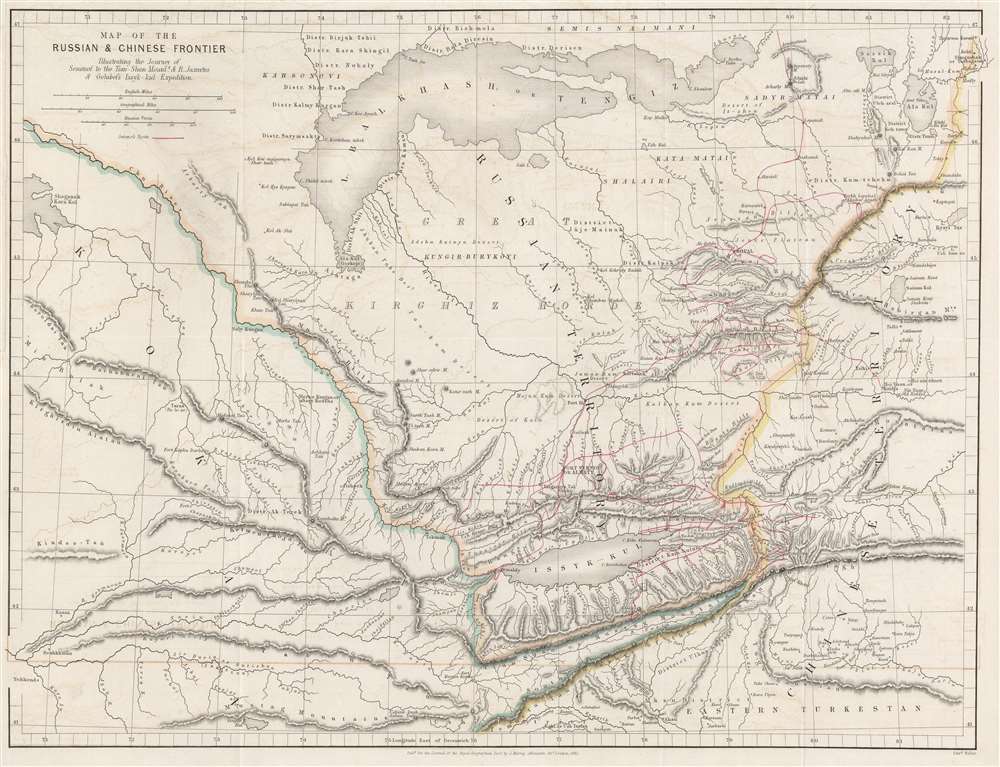 Map of Russian and Chinese Frontier Illustrating the Journey of Semenof to the Tian-Shan Mounts. and R. Jaxartes and Golubof's Issyk-kul Expedition. - Main View