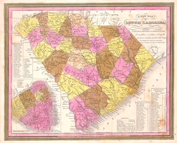 A New Map of South Carolina with its Canals, Roads & Distances from place to place along the Stage & Steam Boat Routes.. - Main View