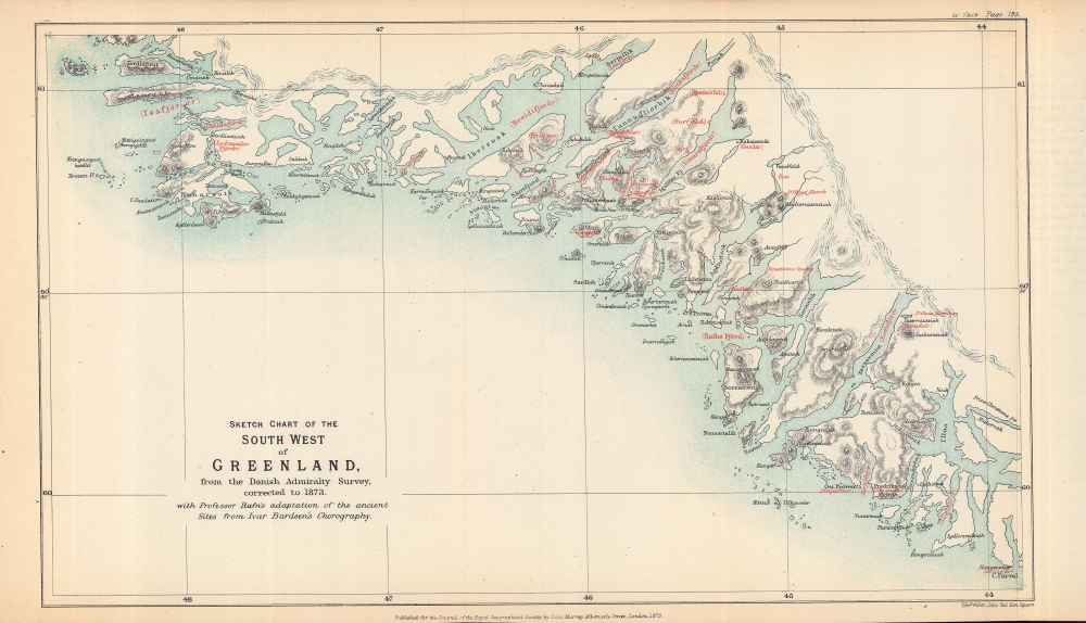 Sketch chart of the south west of Greenland from the Danish Admiralty Survey, corrected to 1873, with Professor Rafn's adaptation of the ancient sites from Ivar Bardsen's chorography. - Main View