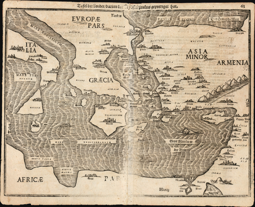 1581 / 1608 Bünting Woodcut Map of the Travels of Saint Paul