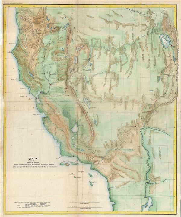 Map Showing the different routes travelled over by the Detachments of the overland Command in the Spring of 1855 from Salt Lake City, Utah to the Bay of San Francisco. - Main View