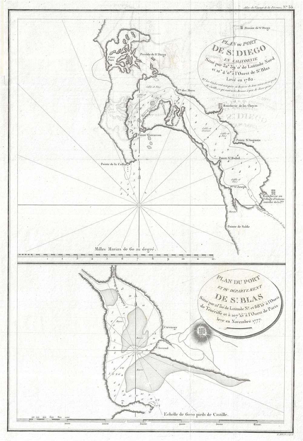 Plan du Port de St. Diego en Californie situe par 32°39'0 de latitude nord et 12°4'0 a l'ouest de St. Blas. Leve en 1782. / Plan du Port de du Departement de St. Blas situe par 21°30' de latitude nd. et 88°15' a l'ouest de Teneriffe et a 107°15' a l'ouest de Paris. - Main View