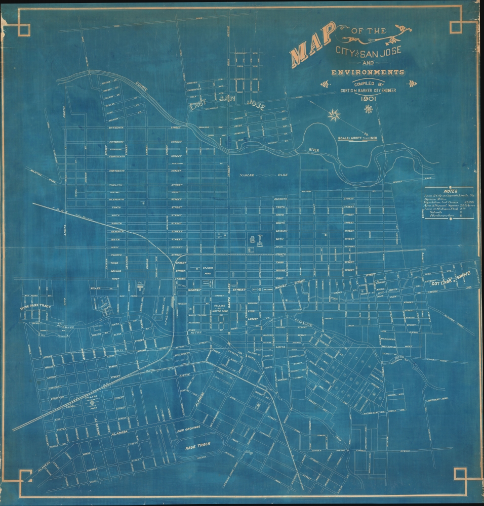 1901 Barker Cyanotype Wall Map of San Jose, California