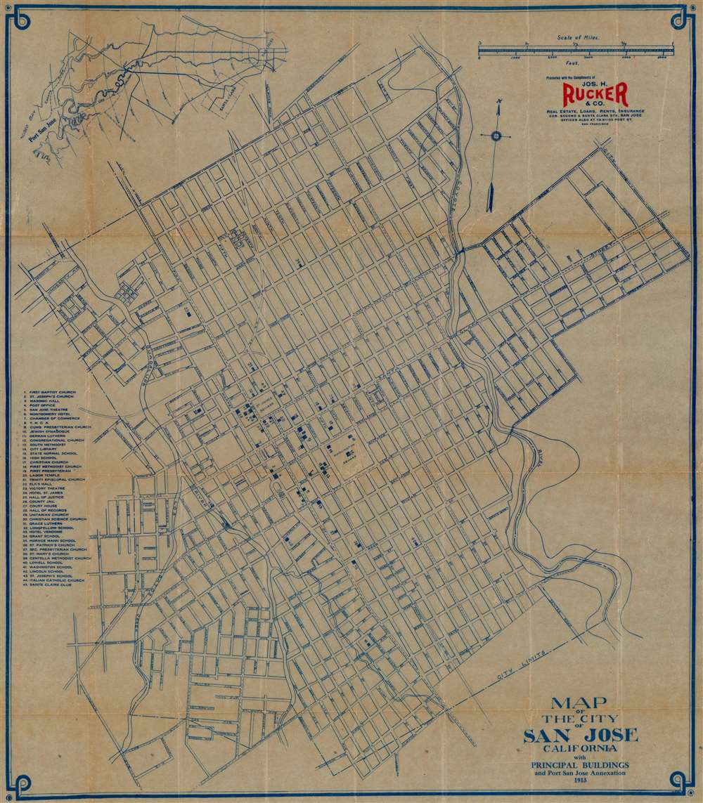 Map of the City of San Jose California with Principal Buildings and Port San Jose Annexation. - Main View