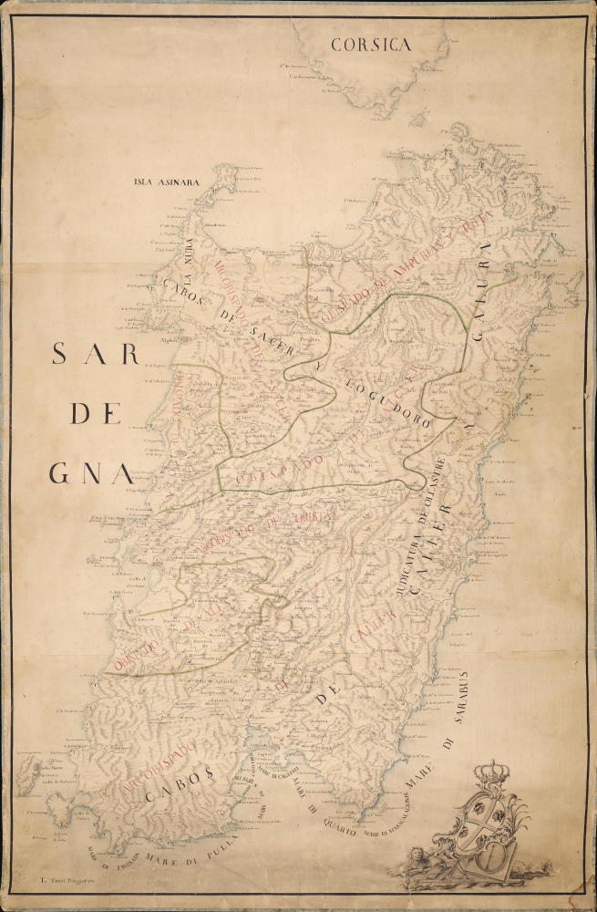 1720 Torri Mansucript Map of Sardinia (Sardenga) showing Tower System