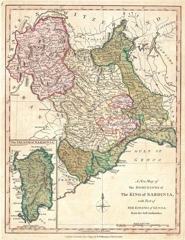 1794 Wilkinson Map of Sardinia dn Piedmont, Italy