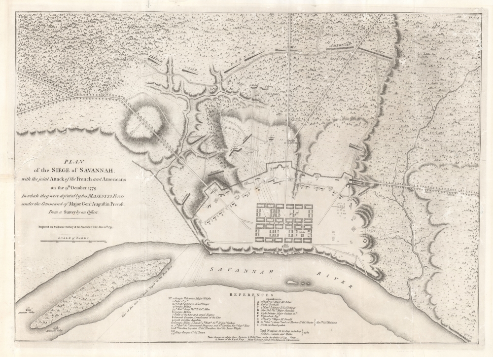 Plan of the Siege of Savannah, with the joint Attack of the French and Americans on the 9th October 1779 in which they were defeated by his Majesty's Forces under the Command of Major Genl. Augustin Prevost from a Survey by an Officer. - Main View