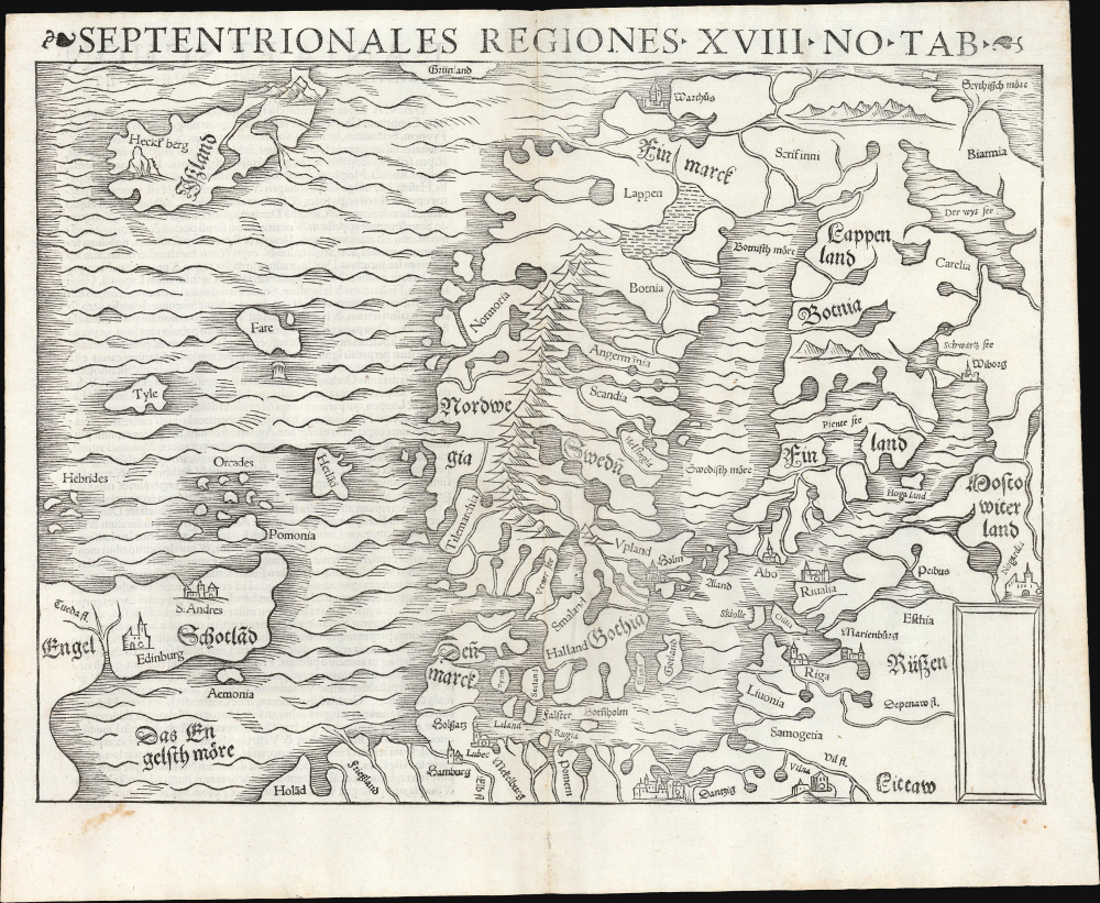 1544 / 1545 Sebastian Münster Map of Scandinavia and Iceland after Olaus Magnus