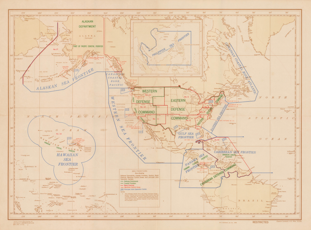 1945 U.S. Navy Hydrographic Office Map of America's 'Sea Frontiers'