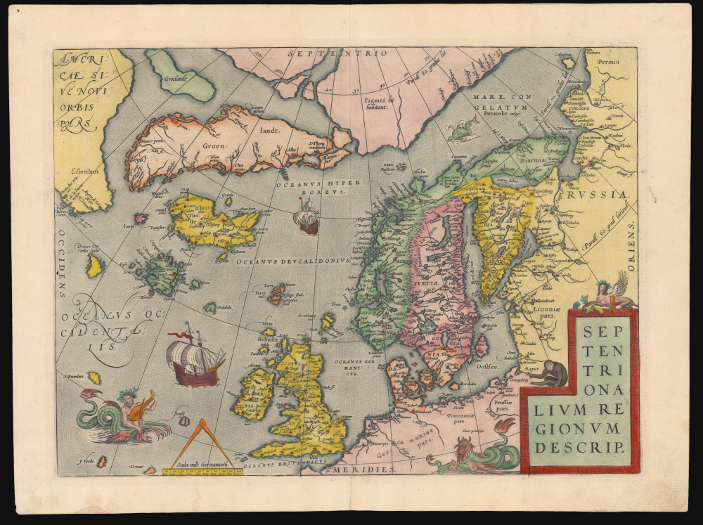 1570 / 1592 Ortelius Map of the North Atlantic / Arctic: Scandinavia, Britain, Greenland