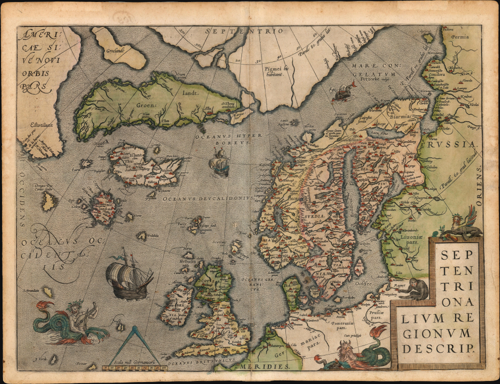 1570 / 1602 Ortelius Map of the North Atlantic / Arctic: Scandinavia, Britain, Greenland