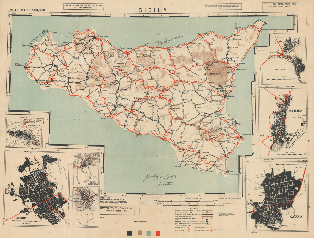 1943 Allied Force Headquarters Road Map of Sicily