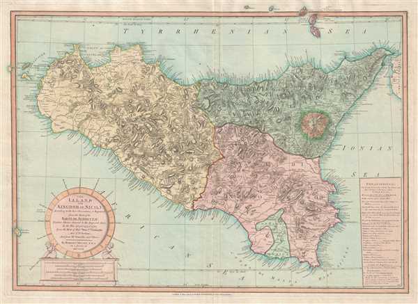 The Island and Kingdom of Sicily, According to the best Observations, and Improved; from the Map of the Baron de Schmettau, Quarter Master General to the Imperial Army, in the War of 1718, 1719, and 1720; from the Map of Messrs. Don Co. Ventimiglio, and Ao. D'Aedone; And from Mr. Danville, and Others. - Main View