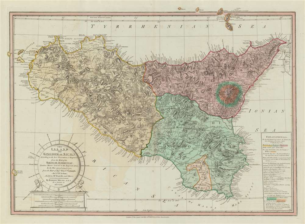 The Island and Kingdom of Sicily, According to the best Observations, and Improved; from the Map of the Baron de Schmettau, Quarter Master General to the Imperial Army, in the War of 1718, 1719, and 1720; from the Map of Messrs. Don Co. Ventimiglio, and Ao. D'Aedone; And from Mr. Danville, and Others. - Main View