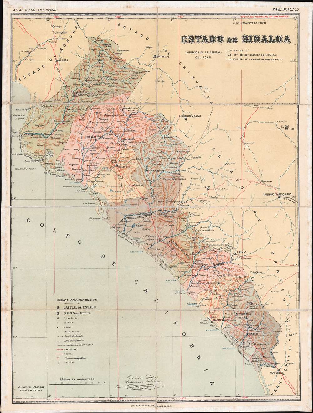 1900 Chias Map of Sinaloa, Mexico