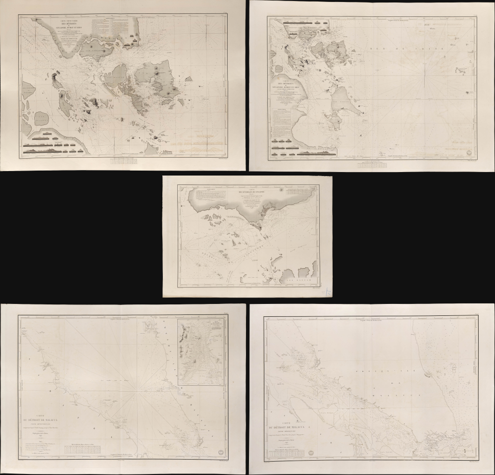 1845 Depot de Marine Set of 5 Maps / Charts of Singapore and Malacca