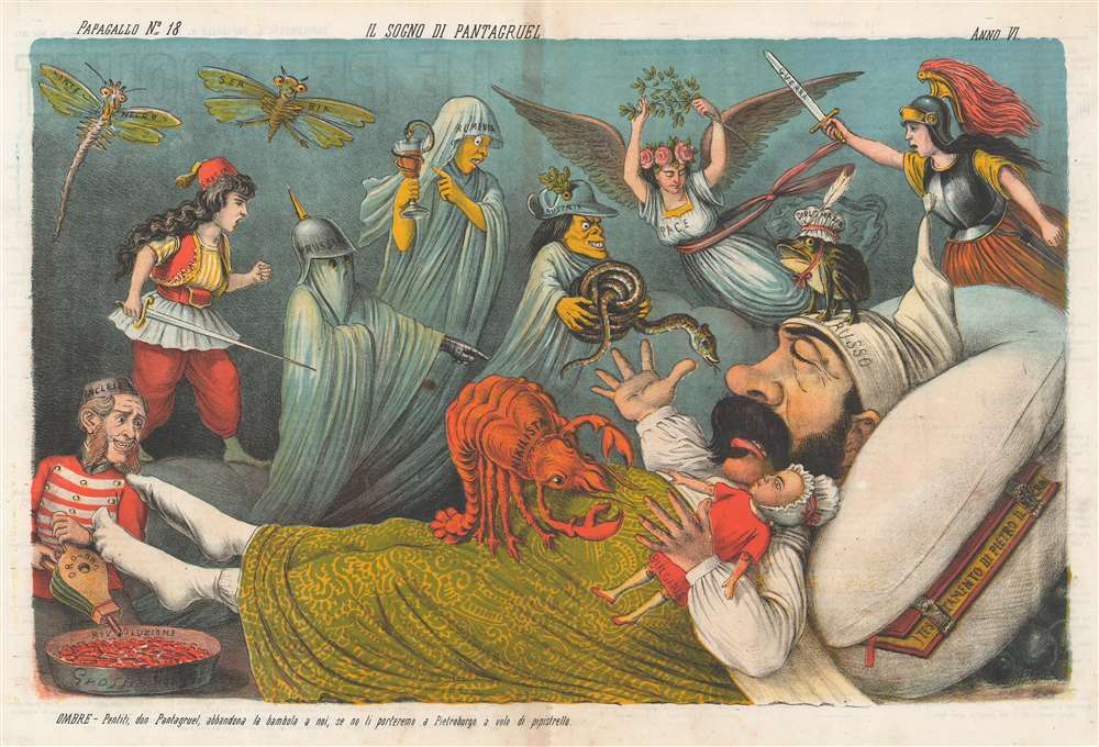 1878 Grossi Political Cartoon of Russia as Pantagruel Having Nightmares