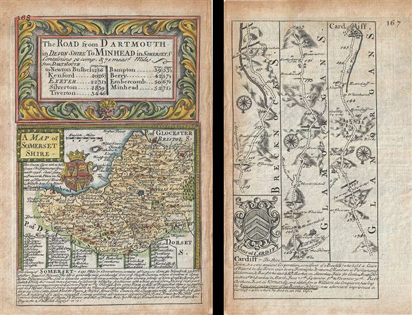 1736 Owen / Bowen Map of Somersetshire w/ Road Map: Chester to Cardiff on verso