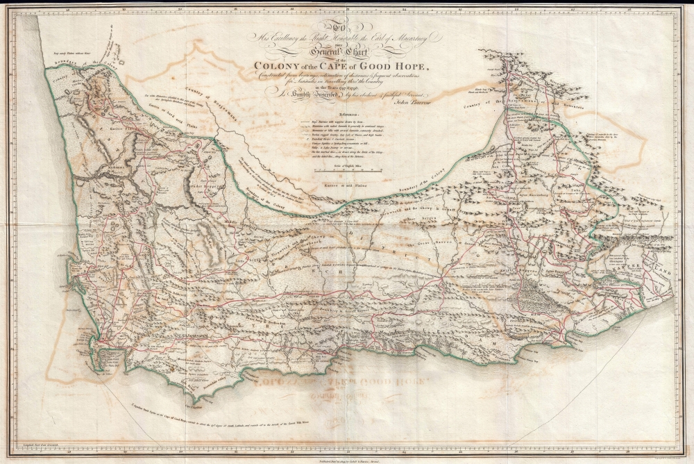 To His Excellence the Right Honorable Earl of Macartney This General Chart of the Colony of the Cape of Good Hope, Constructed from bearing, estimation of distances and Frequent observations for Latitudes in Travelling throu' the Country in the Years 1797 & 1798 is Humbly Inscribe, by his Obedient and Faithful Servant, John Barrow. - Main View