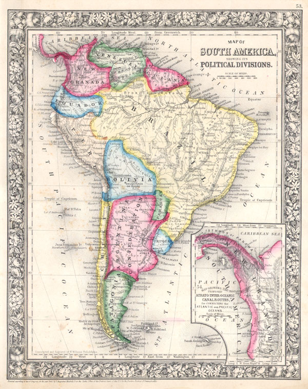 Map of South America, showing its Political Divisions. - Main View