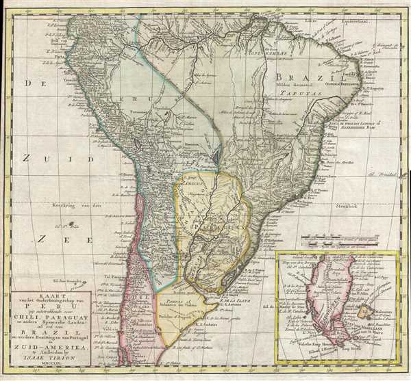 Kaart van het Onderkoningschap van Peru zig uitstrekkende over Chili, Paraguay en andere Spaansche Landen : als ook van Brazil en verdere Bezittingen van Portugal in Zuid-Amerika. - Main View